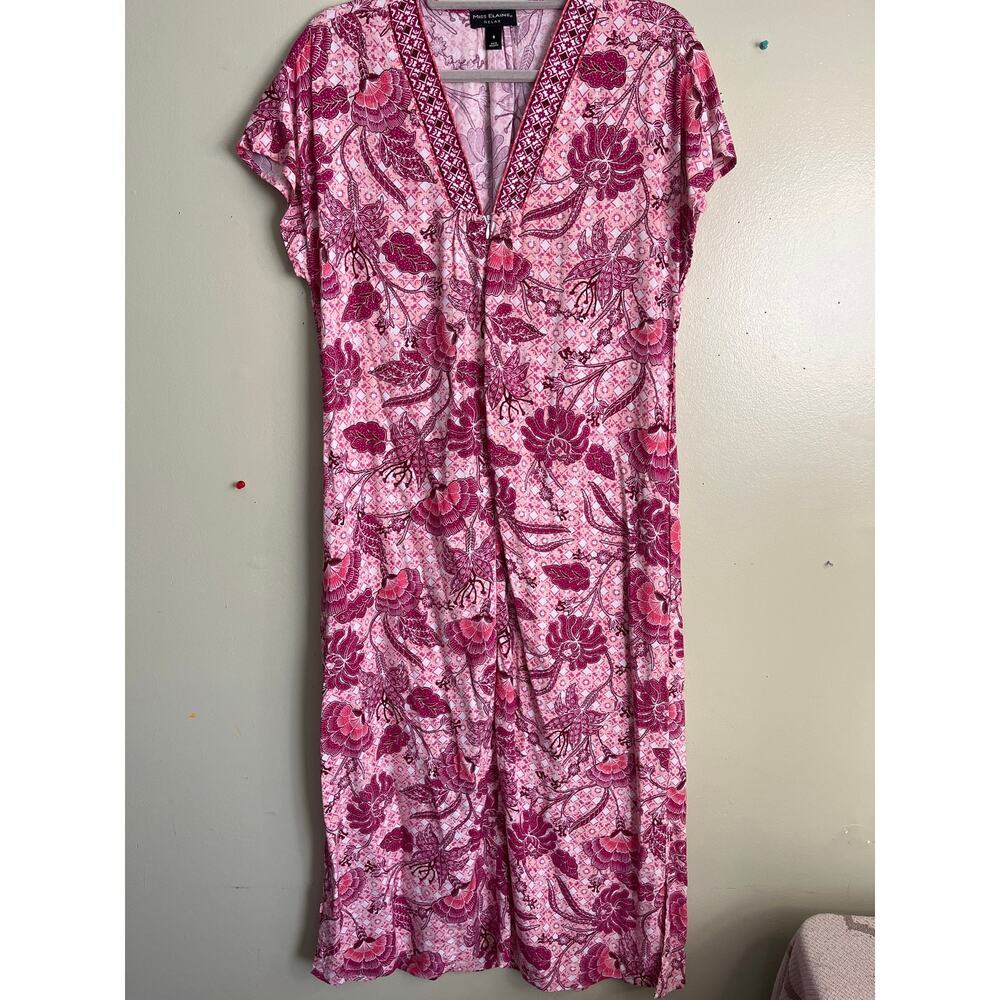 Miss Elaine Relax pink white floral V-neckline zip up popover gown, size small